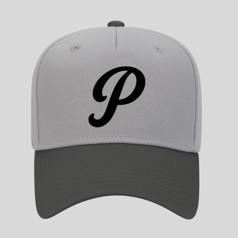 Gray cap with a black 'P' logo on a light gray background